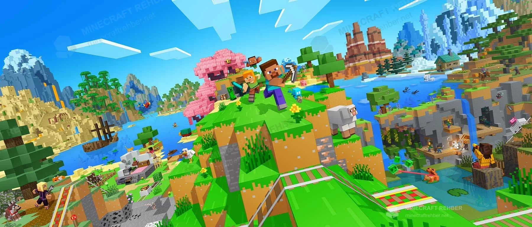 Farklı biyomlar arasında oyuncular ve yaratıkların bulunduğu Minecraft tanıtım çizimi