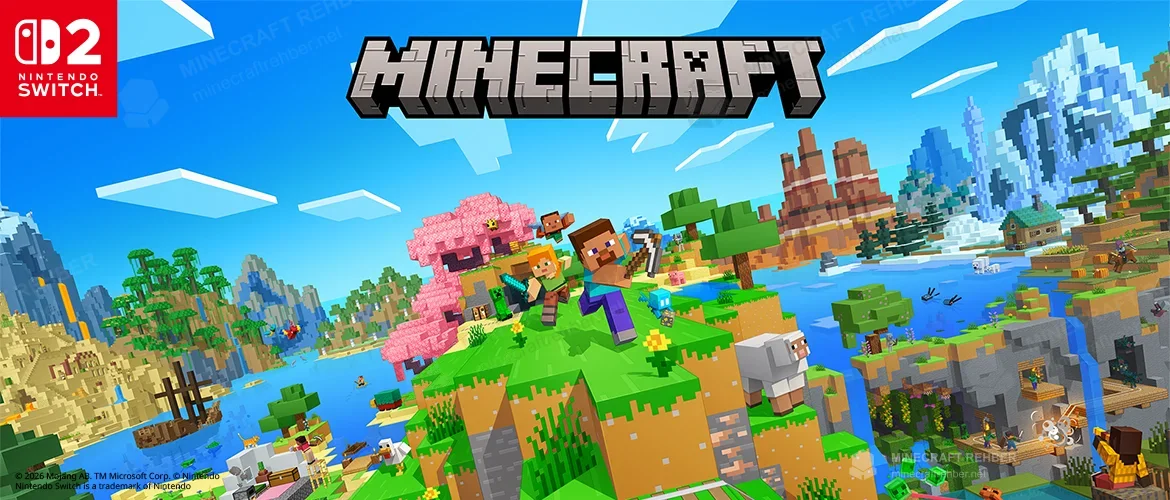 Nintendo Switch 2 logosu ve Minecraft yazısının altında Steve, Alex ve farklı biyomlardan oluşan dünya