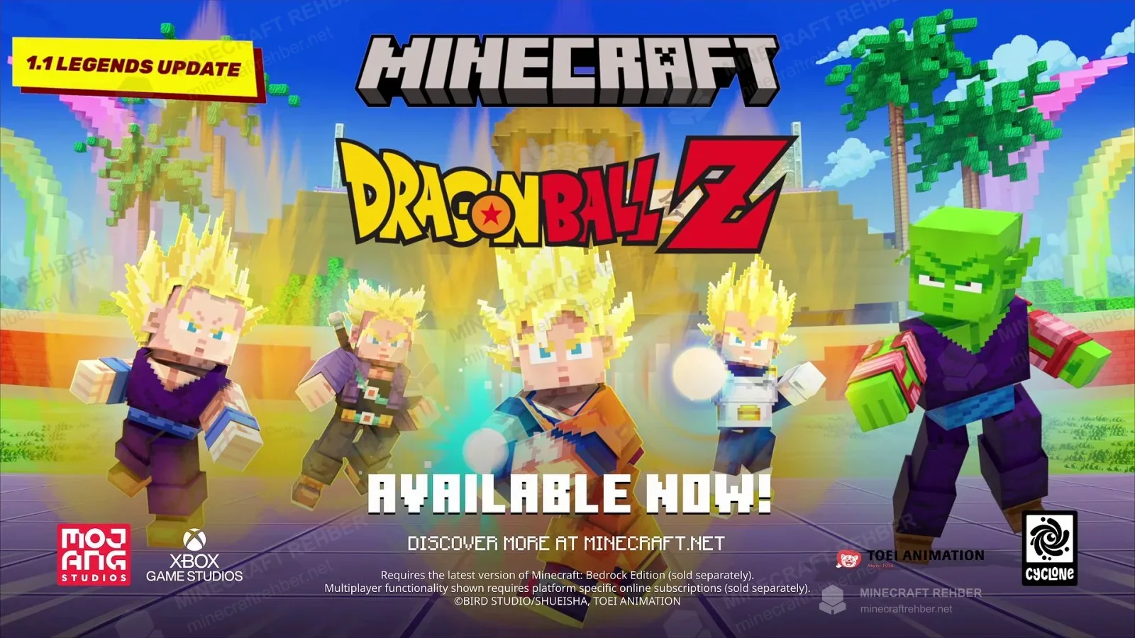 Minecraft Dragon Ball Z 1.1 Legends Update görseli: Super Saiyan Gohan, Trunks, Goku, Vegeta ve Piccolo
