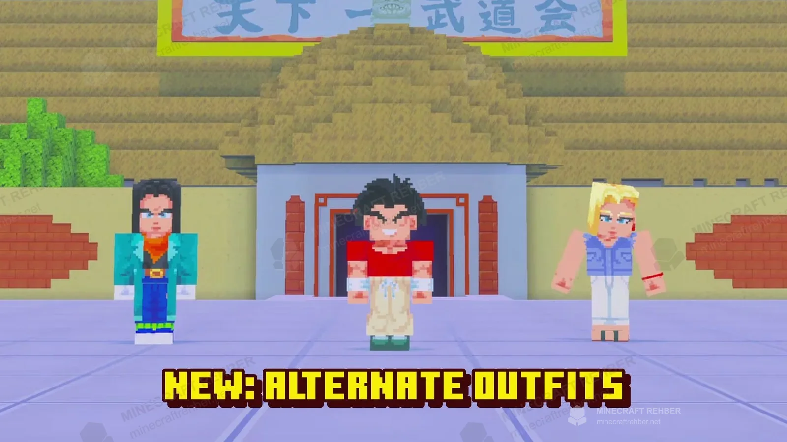 Turnuva binası önünde alternatif kıyafetli Android 17, Android 18 ve yırtık kıyafetli bir dövüşçü; altta NEW: ALTERNATE OUTFITS yazısı