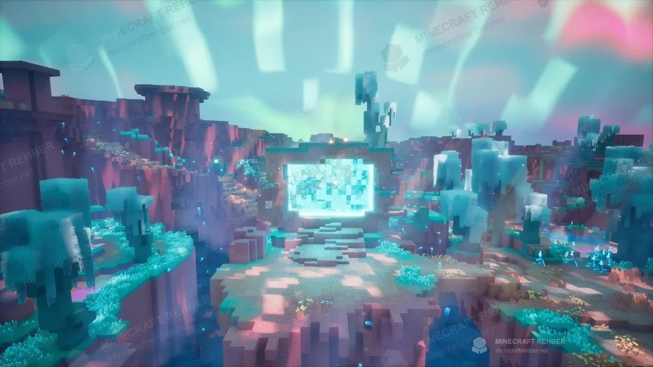Minecraft Dungeons II tanıtımında pembe kayalıklar ve turkuaz bitkiler arasında parlak mavi geçit