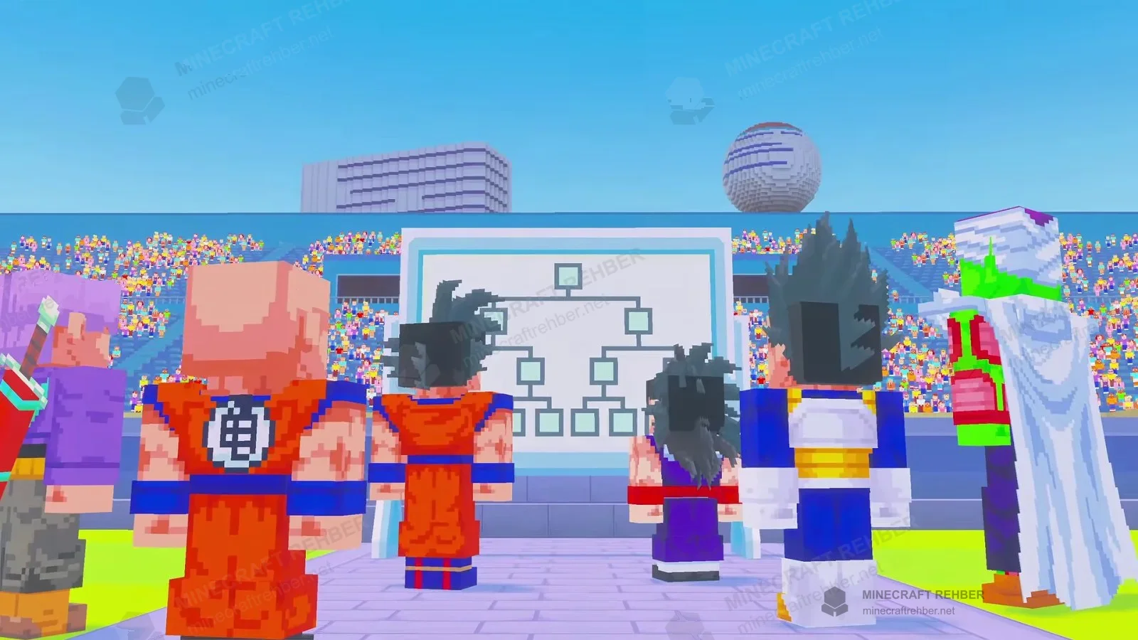 Turnuva alanında Goku, Vegeta, Piccolo ve diğer dövüşçüler; arkada büyük eşleşme tablosu
