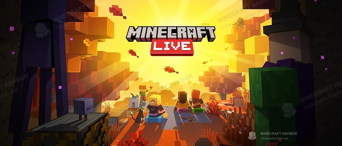 Turuncu yapraklı bir ormanda Minecraft Live logosu, oyuncular ve farklı moblar