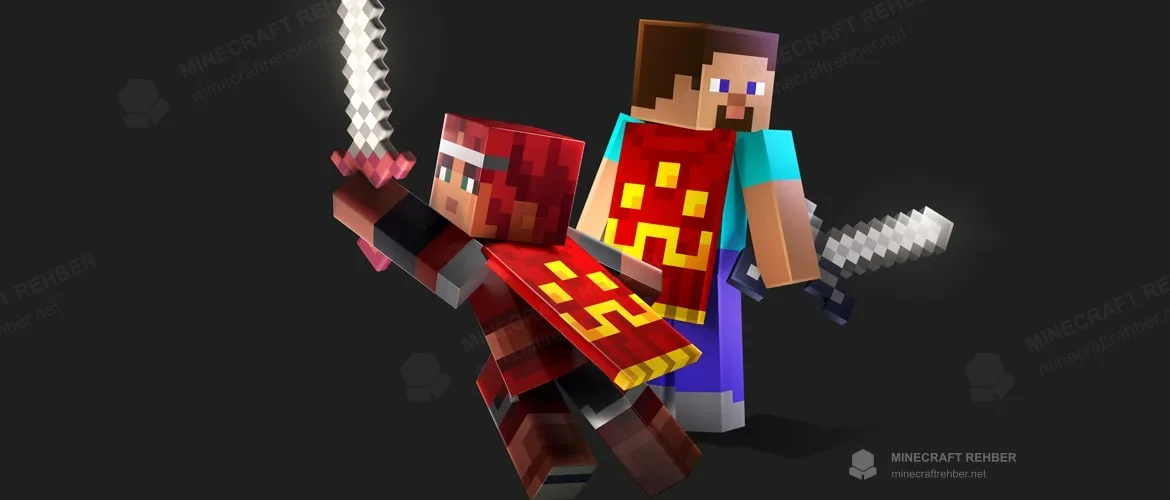 Kırmızı-sarı Hero Cape giymiş Steve ve kılıçlı bir Dungeons II kahramanı