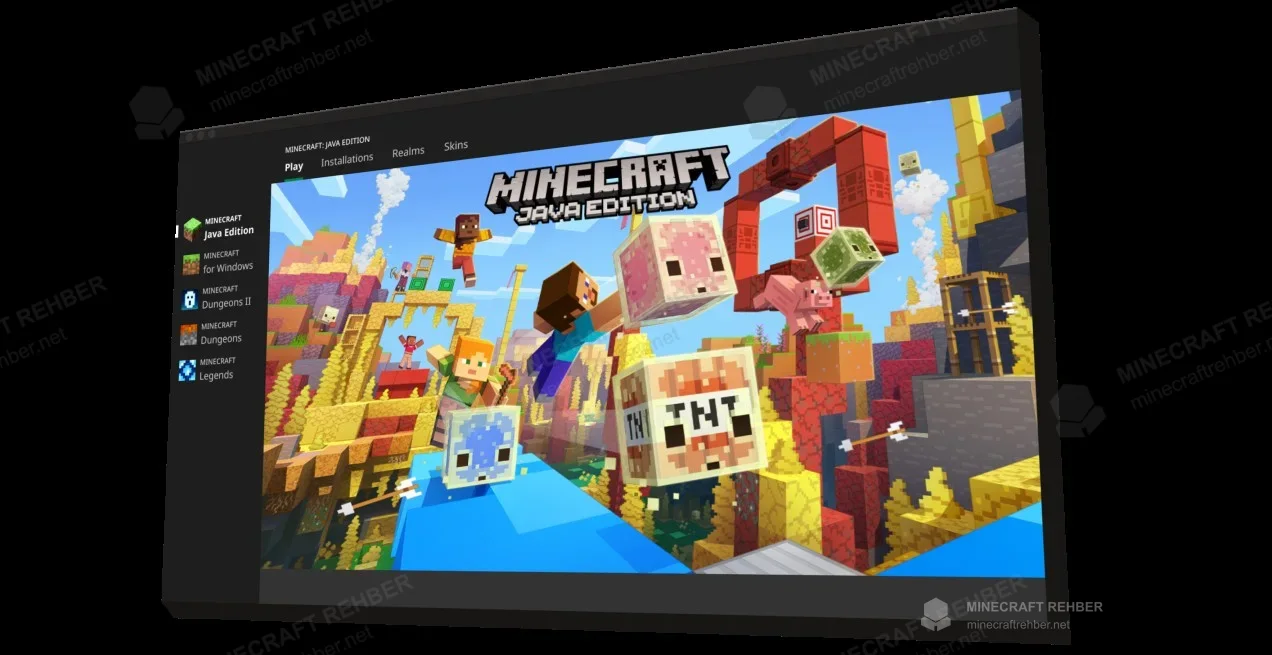 Minecraft Launcher penceresinin eğik açıyla gösterildiği resmi tanıtım görseli