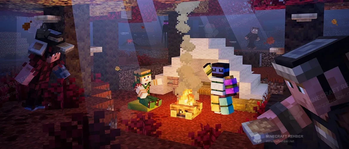 Kamp ateşi başında minder ve saman yataklarla oturan Minecraft oyuncuları