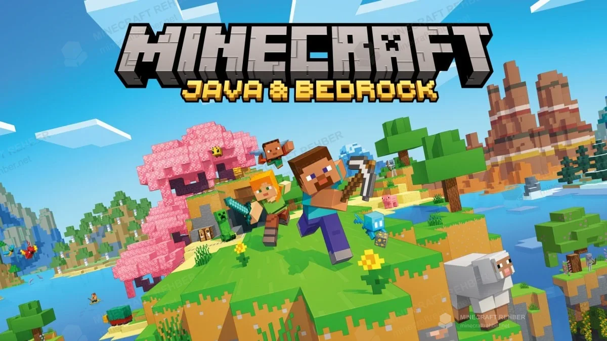 Java ve Bedrock logosunun altında Steve, Alex, kiraz ağaçları ve farklı hayvanlar